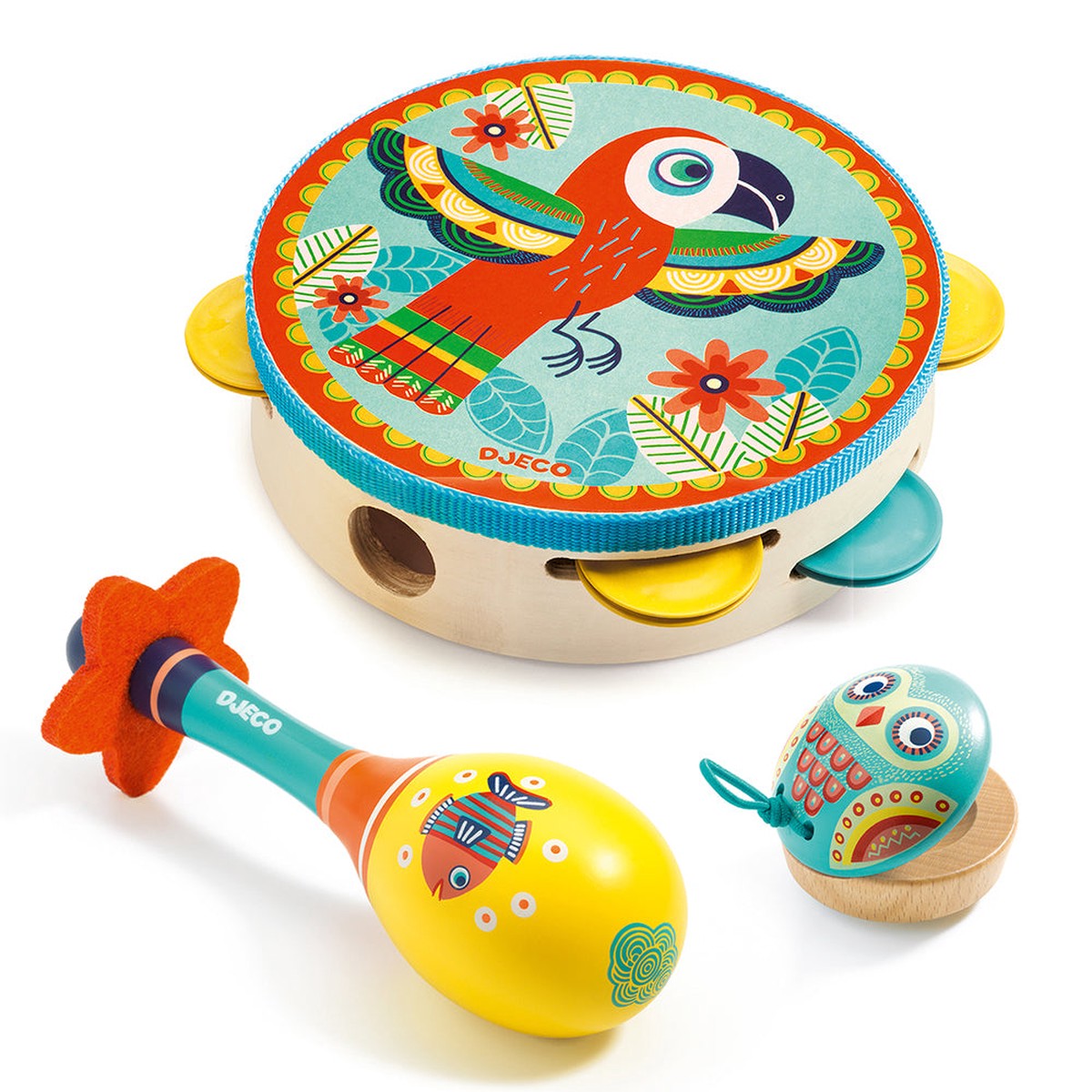 DJECO Set of 3 instruments Tambourine maracas castanet Animambo – Music Instrument