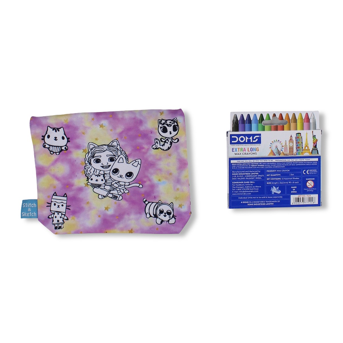 Gabbys Coloring Pencil Case with Extra Long Wax Crayons 12 Colours 1 Silver