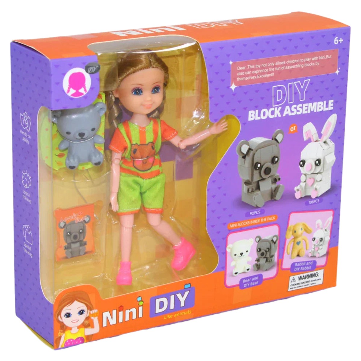 Nini Doll with Construction Toy DIY Playset with a Little Dog Rabbit